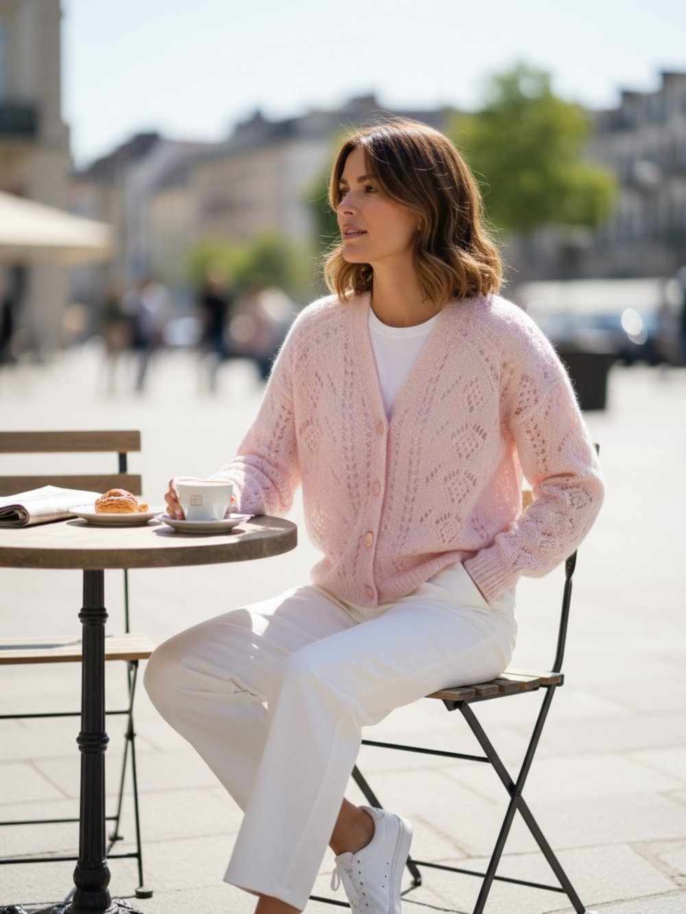 Sézane Angie Cardigan Rose Poudré Pink Mohair Merino Wool Pointelle Knit XS